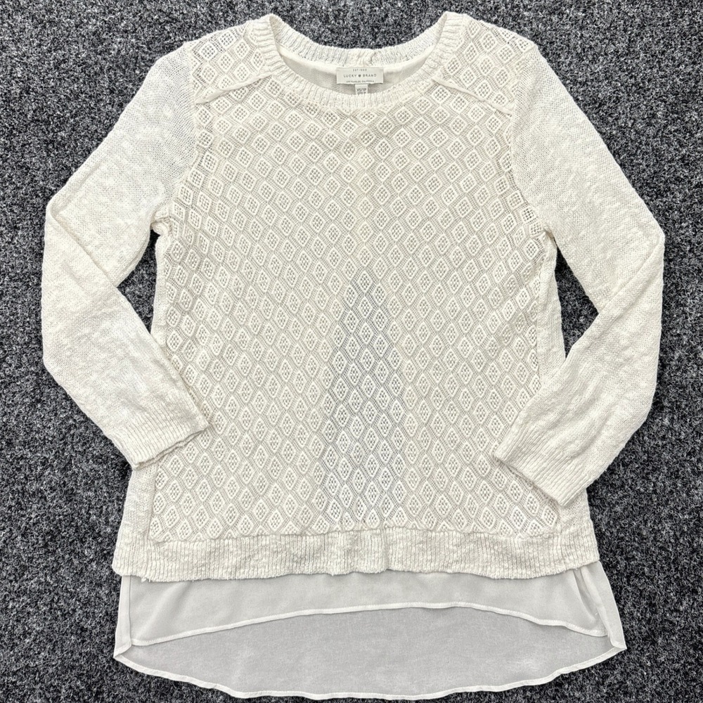Lucky Brand Womens XS Cream Pointelle Knit Split Back Chiffon Layered Sweater